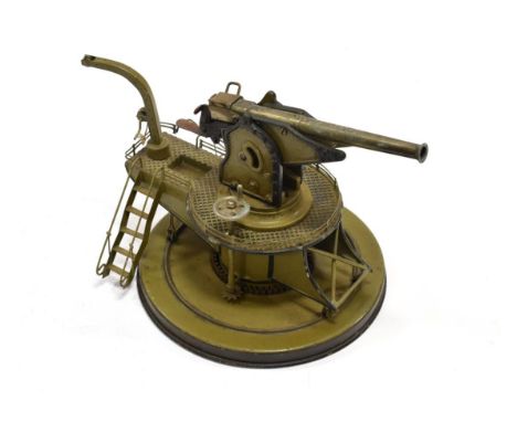 Marklin Coastal Gun Emplacement with brass gun stamped with GMC monogram mounted on rotating gantry with twin steps and hoist