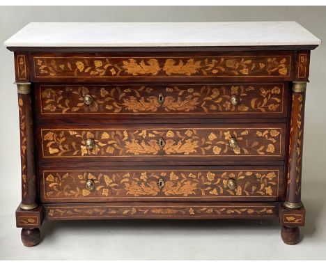 DUTCH COMMODE, early 19th century mahogany and allover satinwood foliate marquetry with marble top above four long drawers, 1