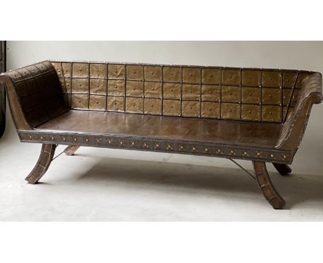 INDIAN BENCH, vintage North Indian teak brass and iron strapwork with lattice back and swept supports, 206cm W. 