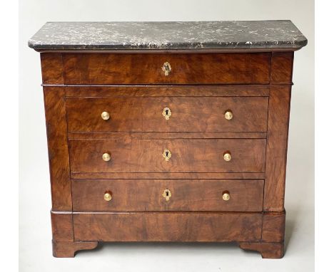 HALL COMMODE, 19th century French Louis Philippe burr walnut and gilt metal with marble top above four long drawers, 96cm x 4