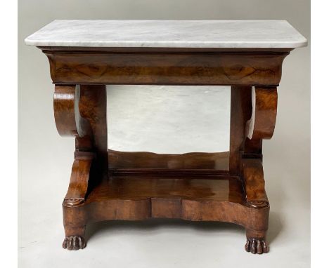 CONSOLE TABLE, 19th century French Louis Philippe burr walnut with marble top, frieze drawer, cabriole supports and undertier