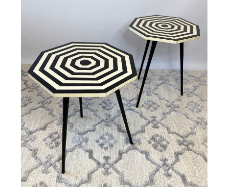 LAMP TABLES, a pair, 1970's Italian design, octagonal inlaid tops on tripod metal legs, 53cm H x 42cm x 42cm. (2) 