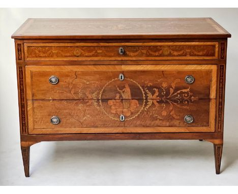 ITALIAN NEOCLASSICAL COMMODE, late 18th century walnut, fruitwood and marquetry with three long drawers, 123cm x 57cm x 89cm 