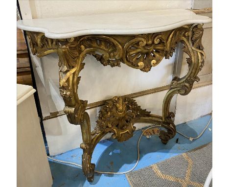 CONSOLE TABLE, mid 19th century French giltwood of serpentine form with a white marble top (gilt losses) 45cm x 93cm H x 98cm