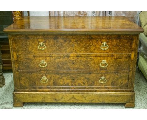 COMMODE, Charles X burr walnut with three drawers, 86cm H x 127cm W x 56cm D. 