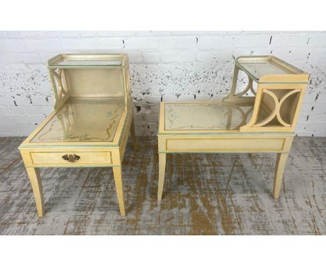 BEDSIDE/LAMP TABLES, a pair, painted George III design two tier with single frieze drawer, 66cm H x 62cm x 43cm. (2) 