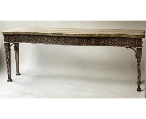 CONSOLE TABLE, Georgian design grained serpentine with lattice moulded frieze and square section supports, 210cm x 44cm x 80c