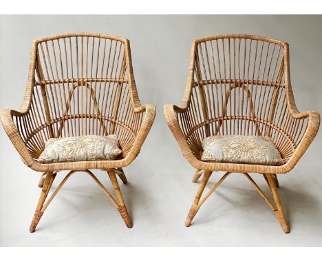 CONSERVATORY ARMCHAIRS, a pair, vintage bamboo and cane bound with silk embroidered seat cushion, 74cm W. (2) 