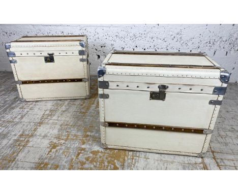 STEAMER TRUNKS, a pair, vintage English studded leather with wooden slats and polished aluminium corners, 51cm H x 60cm x 41c