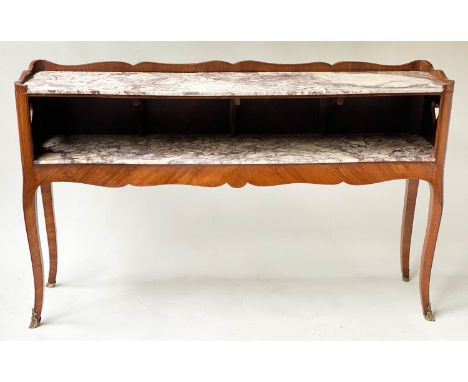 CONSOLE DESSERTE, 19th century French kingwood and gilt metal mounted with two tiered breche violette marble and finished bac