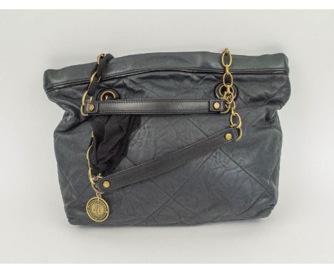 LANVIN VINTAGE BAG, blue quilted leather with contrasting black detail, chain and leather straps entwined with ribbons, snap 