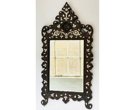 WALL MIRROR, vintage Moorish hardwood with rectangular bevelled plate and pierced and mother of pearl frame, 107cm H x 54cm. 