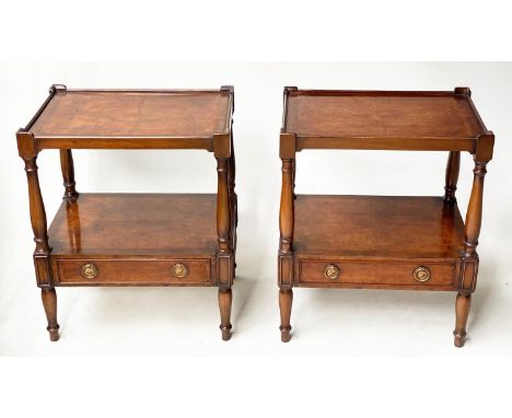 LAMP TABLES, a pair, George III design burr walnut each with drawer and undertier, 54cm x 40cm x 67cm H. (2) 