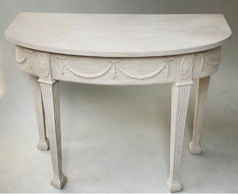 CONSOLE TABLE, Robert Adam style, D shaped, grey painted with swag frieze and fluted supports, 96cm W x 45cm D x 78cm H. 