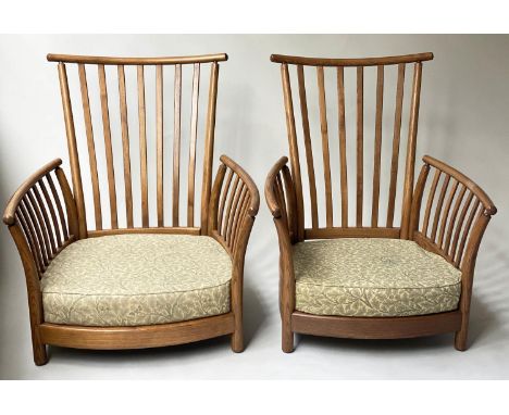 ERCOL ARMCHAIRS, a pair, elm stick back and arms, with William Morris style fabric cushions, 97cm H. (2) 