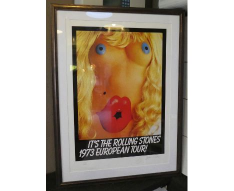 JOHN PASCHE, 1973 Rolling Stones European Tour, hand signed poster, with hand drawn lips logo, designed by Pasche, framed and