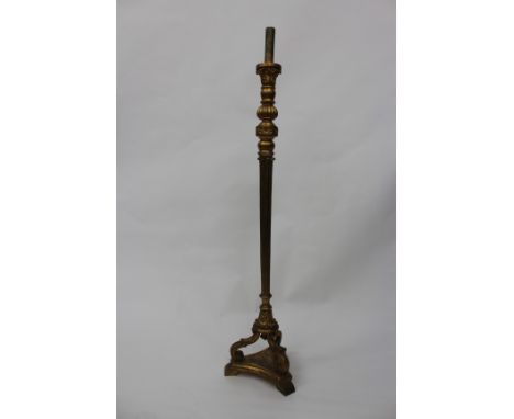 A GILT LAMP STANDARD with fluted tapering column on a triform base, 162cm high