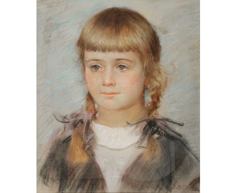 TREVOR HADDON A head and shoulders portrait of a girl with her hair tied in bunches, pastel, 33 x 27.5cm, signed lower right,