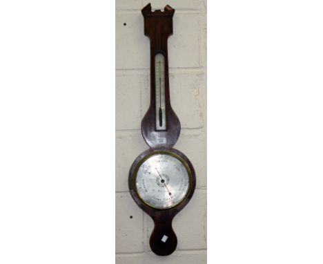 A 19TH CENTURY MAHOGANY CASED WHEEL BAROMETER with silver dial, inscibed James Cappella, Newport, fitted with a thermometer, 