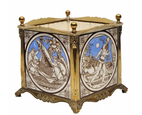 A VICTORIAN BRASS JARDINIERE set on four sides with Minton ceramic tiles designed by John Moyr Smith depicting the Morte D'Ar