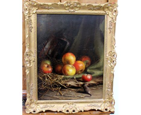 JOHN FITZ MARSHALL (1859-1932) A still llife with a mouse seated before apples and a lantern, oil on canvas, signed lower lef