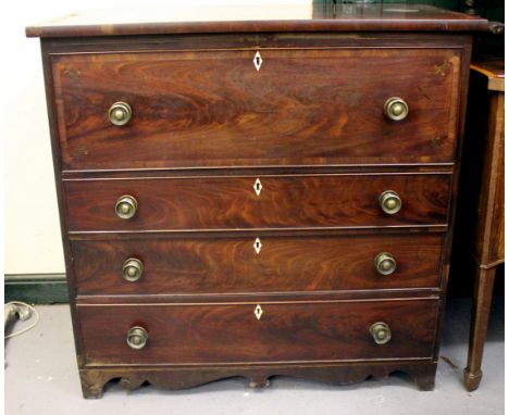 A LATE GEORGIAN MAHOGANY SECRETAIRE CHEST with cross banded top, the secretaire drawer with drop front enclosing a fitted int