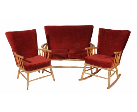 AN ERCOL STYLE LIGHTWOOD TWO SEATER HIGH BACK SOFA, 112cm wide together with a matching rocking chair and armchair (3)