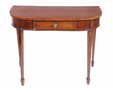 A MAHOGANY D SHAPED SIDE TABLE with cross banded top, single frieze drawer and standing on square section tapering legs and s