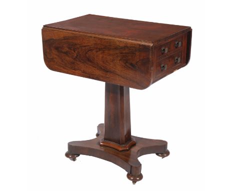 A 19TH CENTURY ROSEWOOD DROP FLAP WORK TABLE standing on faceted column support, platform base and four turned feet terminati