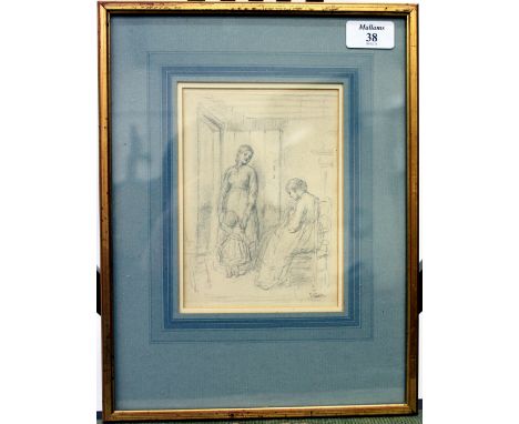 JOSEPH CLARK (1834-1926) Two young women and a child in a cottage interior, pencil sketch, signed lower right, 17 x 12cm