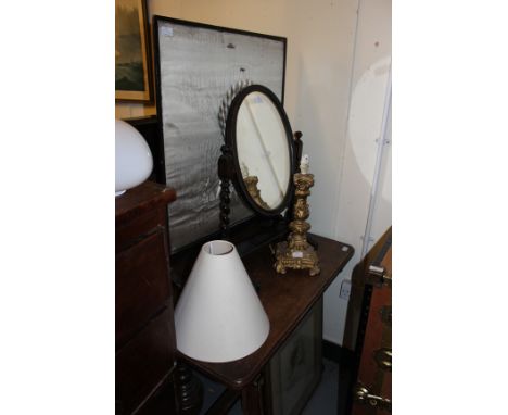 AN OAK DRAWER LEAF DINING TABLE, 90cm wide together with a fire screen, a dressing table mirror, a plaster table lamp, a wick