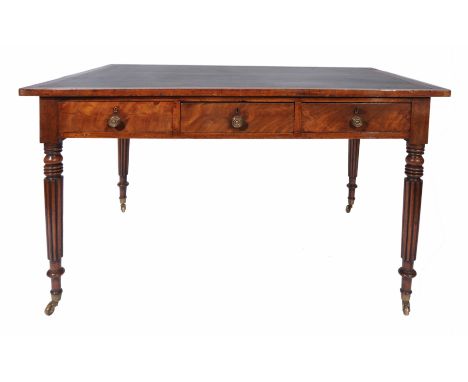 A WILLIAM IV MAHOGANY LIBRARY TABLE with green leather inset top, six frieze drawers with turned brass handles and standing o