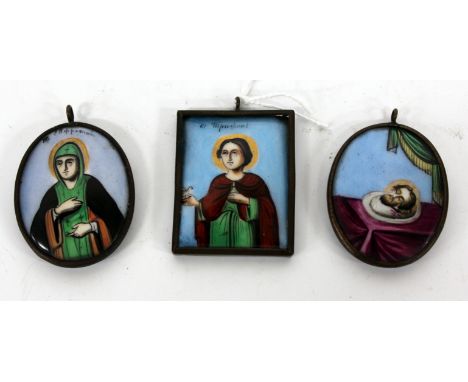A RECTANGULAR SMALL ENAMEL RUSSIAN ICON depicting a half length portrait of a saint, 4cm high together with two small Russian