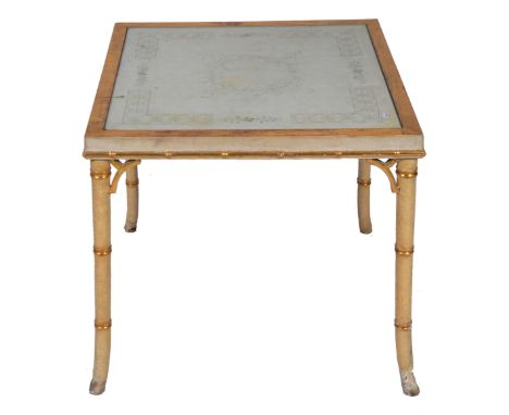 A CHINOISERIE STYLE SQUARE CREAM AND PARCEL GILT DECORATED COFFEE TABLE with inset glass top and faux bamboo legs, 64cm wide