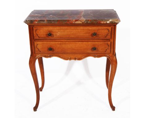 A FRENCH WALNUT MARBLE TOPPED SIDE TABLE with two drawers and standing on cabriole legs, 60cm wide x 85cm high