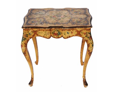 AN ANTIQUE ITALIANATE PAINTED OCCASIONAL TABLE with shaped top and standing on cabriole supports, approx. 58cm wide