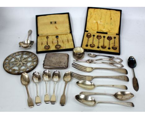 A QUANTITY OF SILVER AND OTHER ITEMS mainly consisting of cutlery together with a cigarette case, etc.