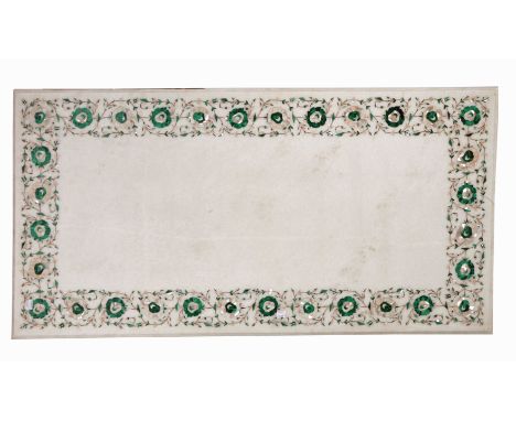 AN INDIAN RECTANGULAR WHITE MARBLE TABLE TOP with decorative malachite and mother of pearl floral inlay, 61 x 102.5 cm togeth