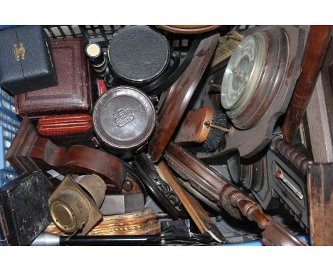 A 19TH CENTURY MOROCCO LEATHER COVERED CARRIAGE CLOCK travelling case, a leather travelling alarm clock with barometer and th