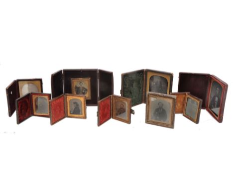 A 19TH CENTURY DAGUERREOTYPE PORTRAIT PHOTOGRAPH of a gentleman 6.5cm high and set within a leather case together with eight 