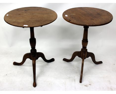 A MAHOGANY CIRCULAR TILT TOP TRIPOD TABLE, 51.5cm diameter together with a further mahogany tripod table, 53cm diameter (2)