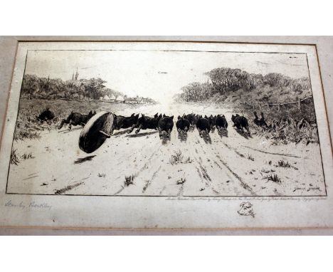 STANLEY BERKLEY  Pigs being chased by a wheel, etching, 19cm x 37cm, signed in the margin (unframed), together with a further