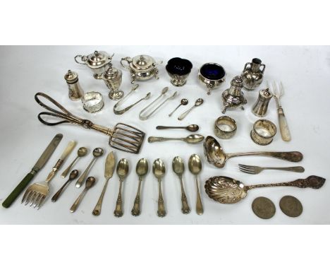 A SILVER CRUET SET of lobed form, marked The Adie Brother Ltd., a further silver cruet set, marks for Walker and Hall and a s
