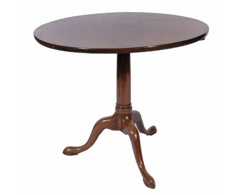 A GEORGE III MAHOGANY CIRCULAR TILT TOP OCCASIONAL TABLE with turned column support and tripod base, 80.5cm diameter