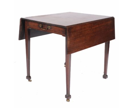 A GEORGE III MAHOGANY PEMBROKE TABLE with single frieze drawer, and standing on square section tapering legs terminating in s