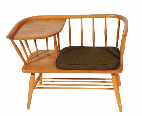 A CHIPPY HEATH FURNITURE LTD. LIGHT ELM SPINDLE BACK TELEPHONE TABLE in the Ercol style with label beneath, approx. 85cm wide