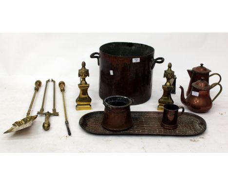 A SET OF THREE EDWARDIAN BRASS FIRE IRONS with acorn finials together with a pair of fire iron supports with urn finial and a