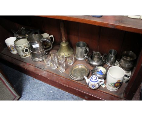 AN OLD SHEFFIELD SILVER PLATED QUART TANKARD with decorative monogram J M together with a silver plated tea pot, a brass bell