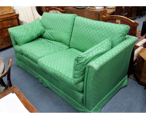 A GREEN UPHOLSTERED SOFA, 193cm wide together with a further similarly upholstered sofa, approx 175cm wide (2)