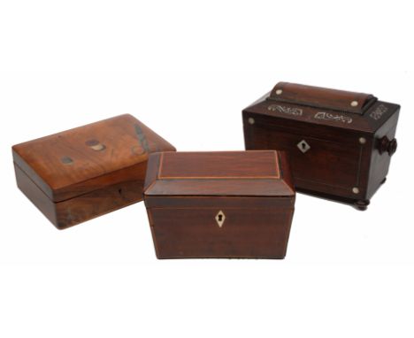 A PARTRIDGE WOOD VENEERED TEA CADDY, 19.5cm wide together with a rosewood tea caddy, a walnut sewing box and a group of brass